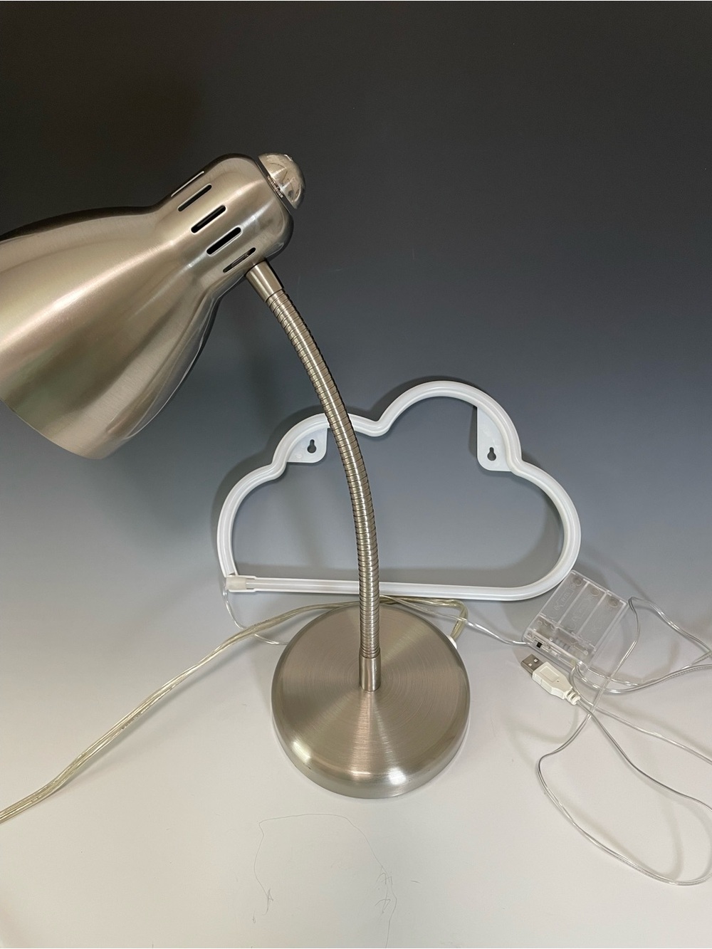 Brushed Nickel Gooseneck Desk Lamp with bonus Cloud LED wall light, works great